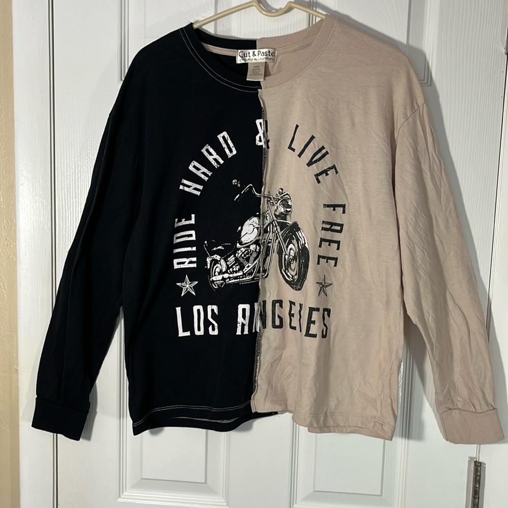 Cut and Paste women’s long sleeve moto biker T-shirt two tone black beige  Lg
